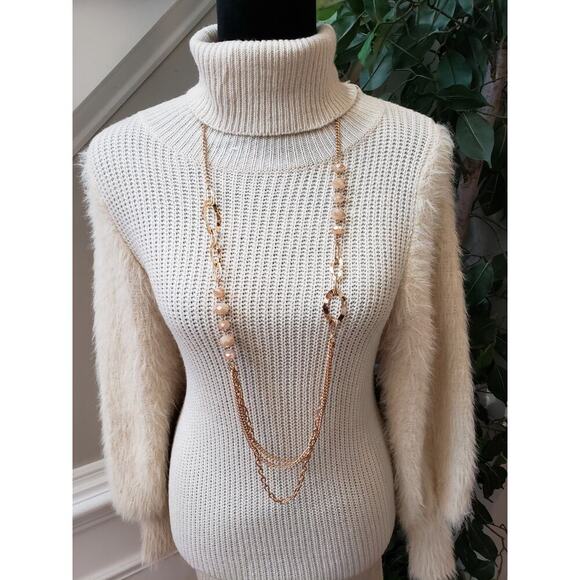 Bump Biddy Sweater Dress Maternity Beige Ribbed Puffy Fur Sleeve Turtleneck LG - Picture 14 of 14